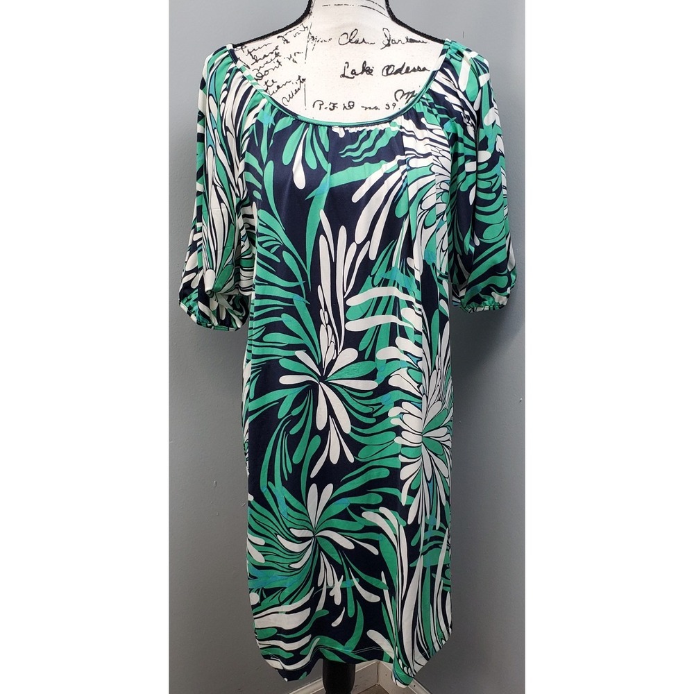 Jonathan Martin Shift Dress Women Large Multi Palm Leaf Print Stretch Scoop Neck